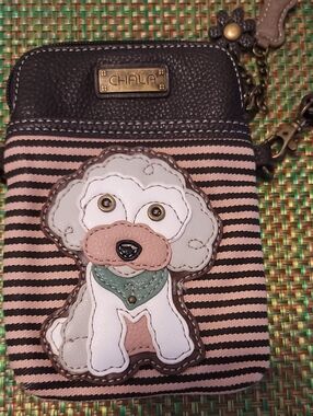 Chala Tan and Black Striped Dog Crossbody Pouch with Poodle Applique